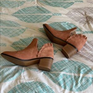 Elegant Tan Suede Mules with Ruffle Accent